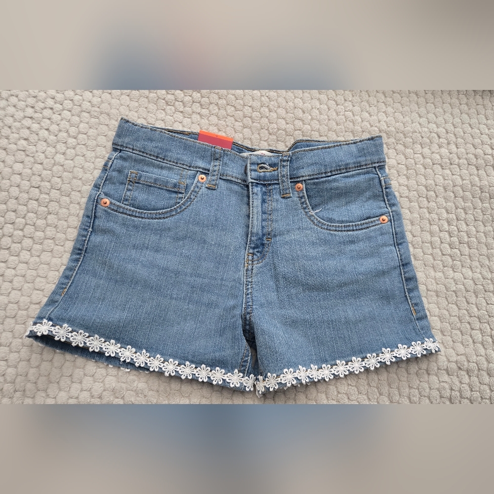 Blue Denim Shorts with Lace Trim